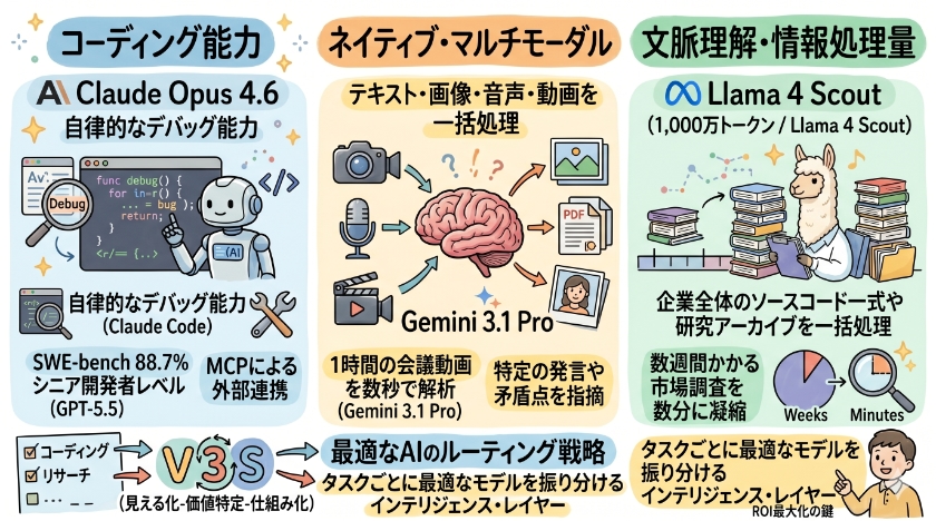 専門スキル比較：コーディング・マルチモーダル・文脈理解