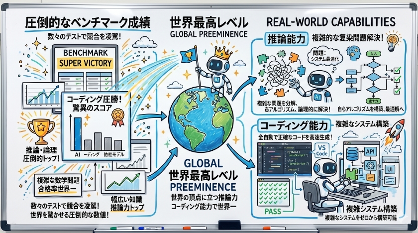 圧倒的なベンチマーク成績：世界最高レベルの推論・コーディング能力