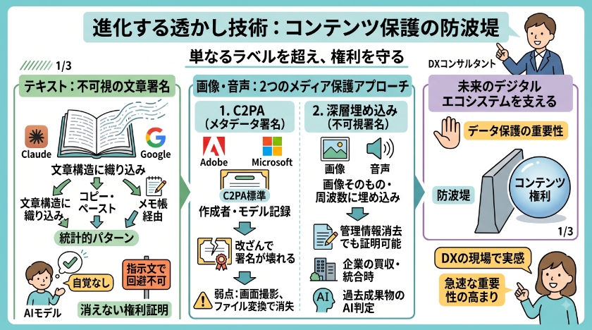進化する透かし技術：テキストからメディアファイルまで