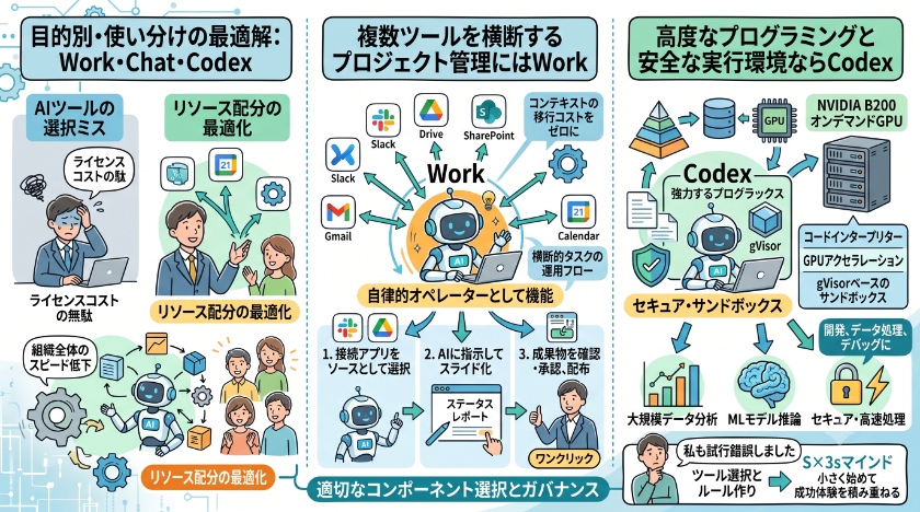 目的別・使い分けの最適解：Work・Chat・Codexをどう選ぶか